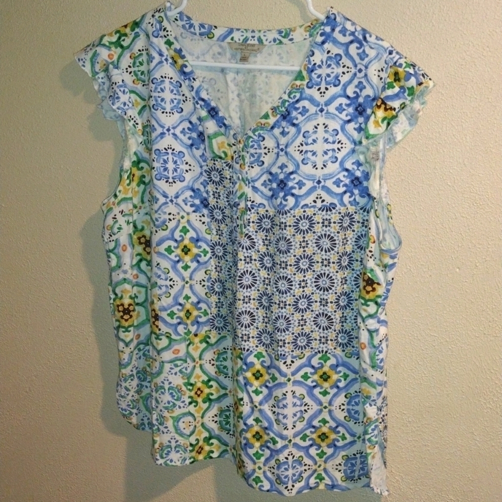 Hester And Orchard Linen Blend Pullover 1/4 Button Up Short Sleeve Top L